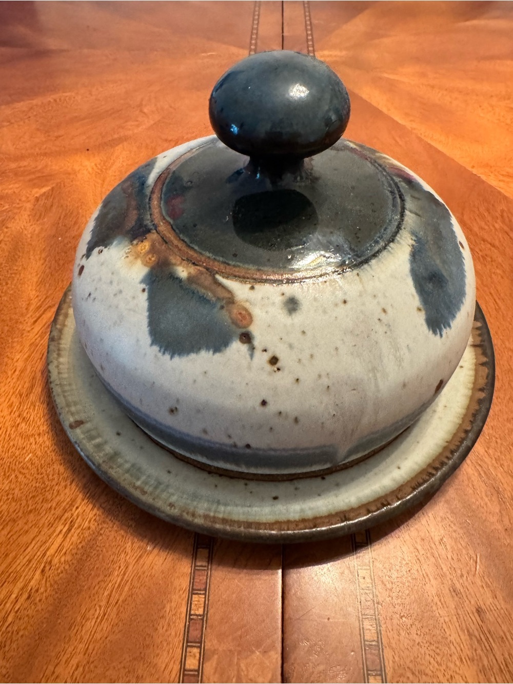 Amish Handcrafted Ceramic Butter Dish in Blue and Cream